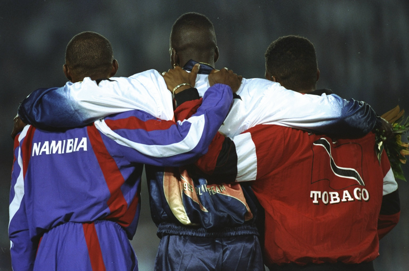 Frankie Fredericks of Namibia, Michael Johnson of the USA, and Ato Boldon of Trinidad. Photo via Getty Images/Mike Hewitt/Allsport.